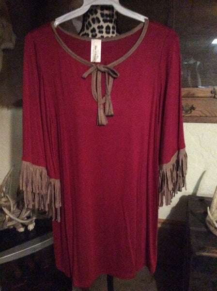 Fringe detail tunic top burgandy