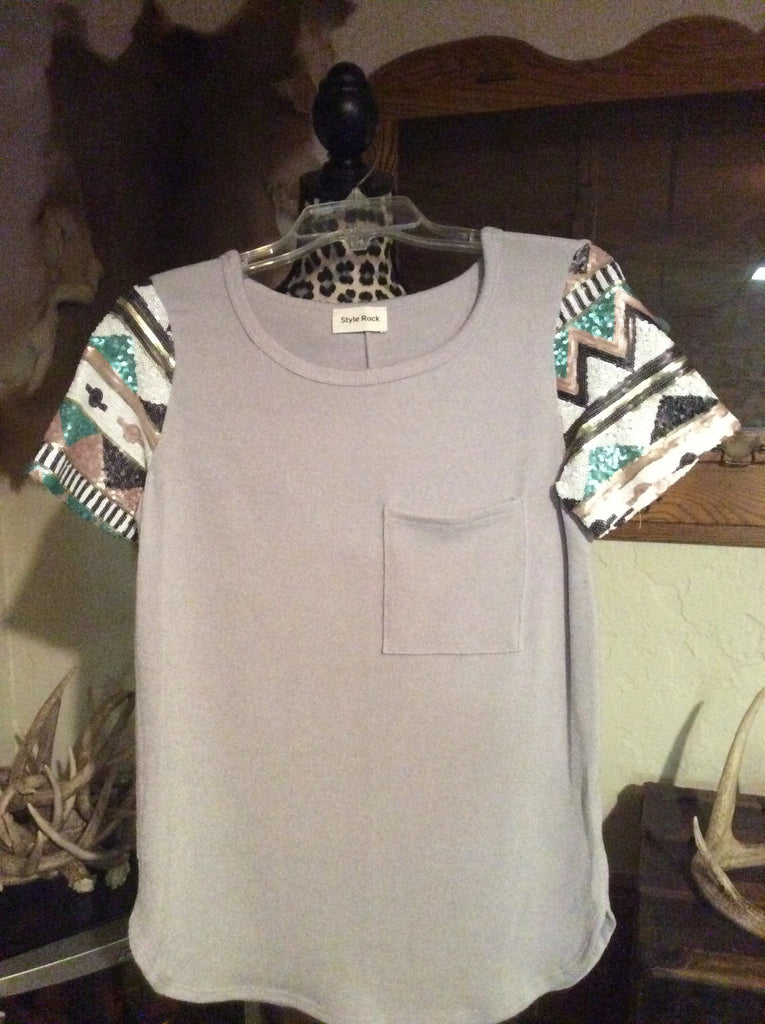 Aztec sequin sleeve tunic tshirt stone