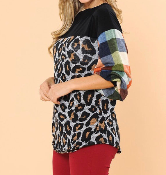 Color block/ leopard balloon sleeve top