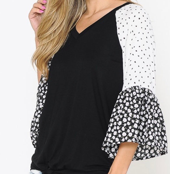 Black front tie 3/4 floral sleeve top