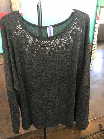 Plus size black sparkle neckline top