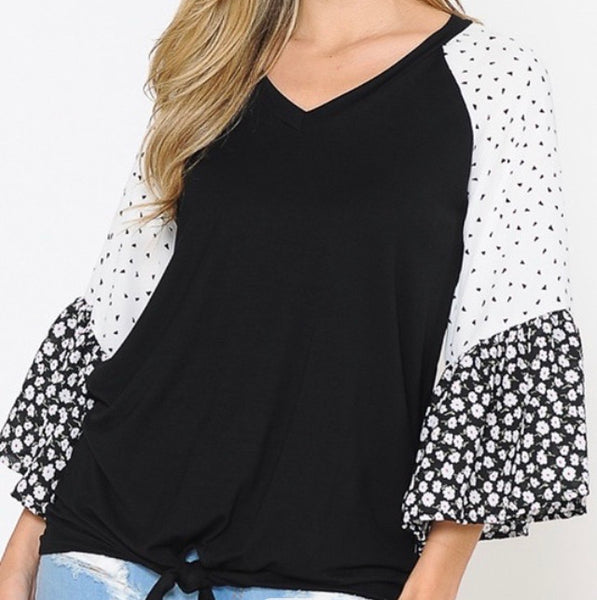 Black front tie 3/4 floral sleeve top