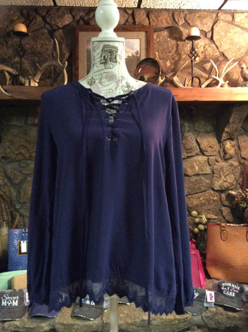 Navy lace up top long sleeve