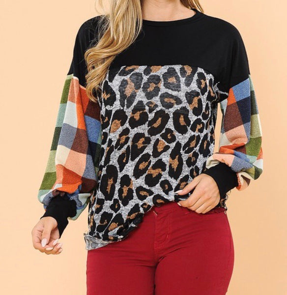 Color block/ leopard balloon sleeve top